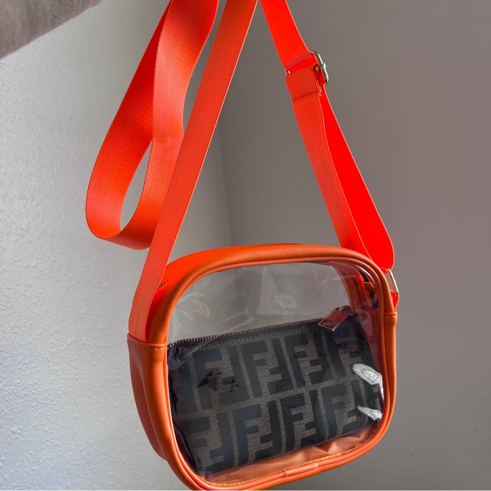 Boxy Clear Jelly Shoulder Crossbody Bag w/ Leather Trim in Neon Orange - Picture 2 of 6